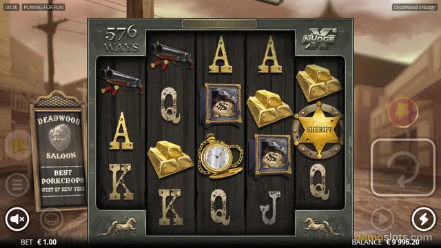 A 5-reel slot game with a Western theme showing a settled grid of symbols including guns, gold bars, and playing cards against a dusty town backdrop.