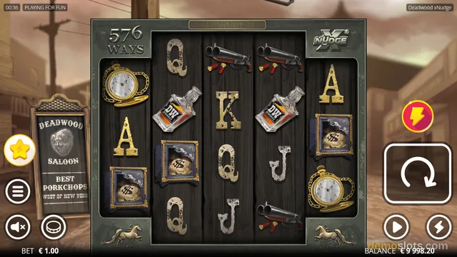 A 5x4 grid of western-themed slot symbols on dark wooden planks, framed by a metal border with '576 WAYS' and an 'xNUDGE' logo.