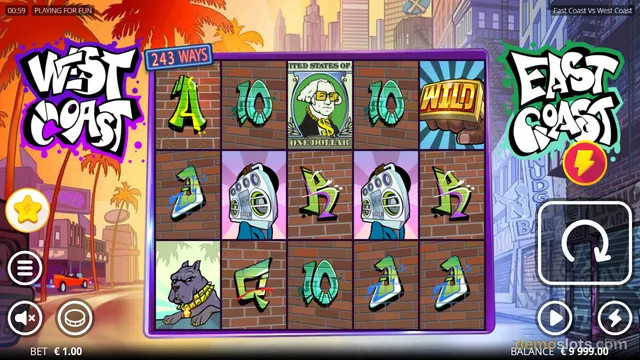 A 3-row by 5-column slot game grid displays stylized symbols including a one-dollar bill, boombox, sneakers, and a bulldog against a brick background, flanked by West Coast and East Coast graffiti art.