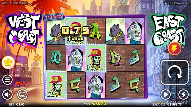 A screenshot of the slot game 'Fast Coast Vs West Coast' showing a 5x3 grid of symbols with a win indicator displayed in the center.