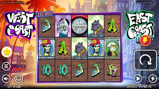 A 5x3 slot game grid displaying graffiti-style symbols including a sneaker, boombox, and characters, set against a split background of a sunny beach and a city skyline.
