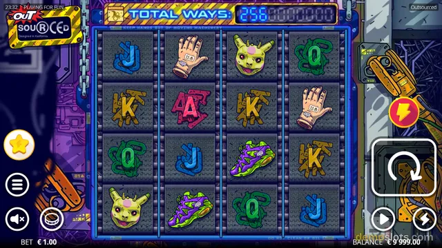 A slot game screen titled OutSourced showing a 4x4 grid of symbols with a total ways counter at the top.