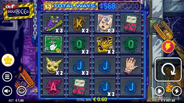 A 5x4 video slot game grid featuring street-style symbols like sneakers, a robot head, and a game console against a graffiti background.
