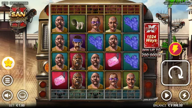 A 5x4 video slot screen titled 'San Quentin 2: Death Row' displays a fully populated grid of prison-themed characters and items within a jail cell frame.