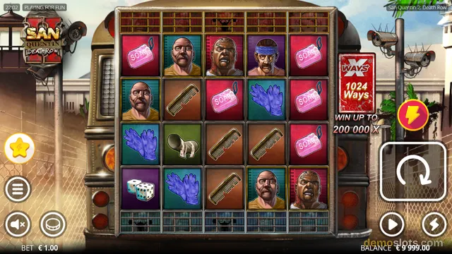 A fully rendered screenshot of the San Quentin 2: Death Row slot game showing a 5x4 grid of symbols with a prison-themed background and a balance of €9,999.00.
