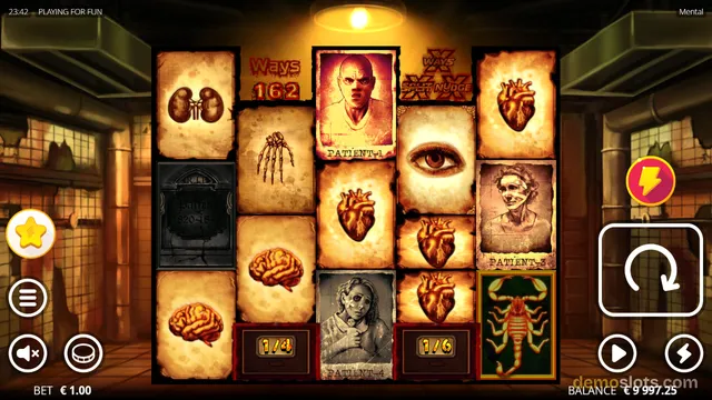 A 5x4 slot machine grid displays medical and horror-themed symbols in a dark, industrial laboratory setting.