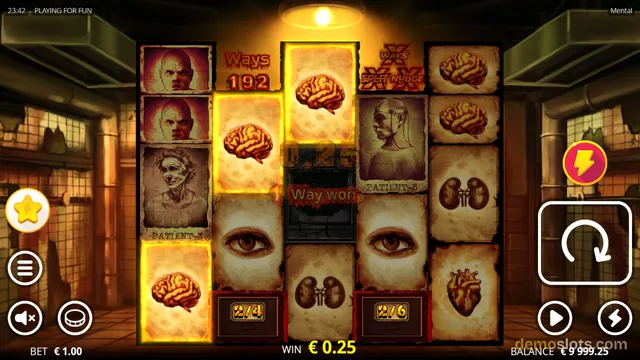 A slot game grid displays medical-themed symbols including brains, organs, and patient portraits in a dark, industrial setting, with a win of 0.25 euros shown at the bottom.