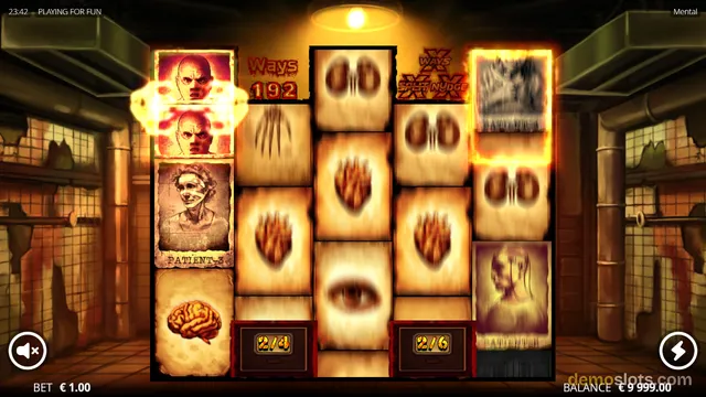 A dark, horror-themed slot machine game is shown with a 5x4 grid of symbols in an industrial, dimly lit room.