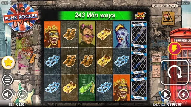 A screenshot of the 'Punk Rocker' slot game displaying a 5x3 grid of symbols with a full grid of bonus symbols in the rightmost column.