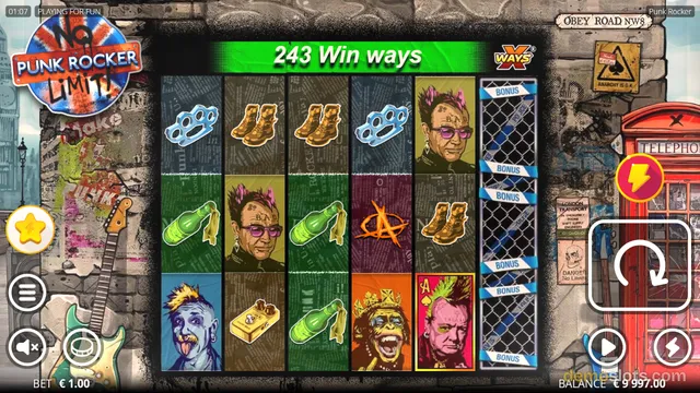 A 5-reel, 3-row slot game grid is fully rendered with punk-rock themed symbols including bandanas, boots, bottles, and punk characters, alongside a red telephone box and guitar in the background.