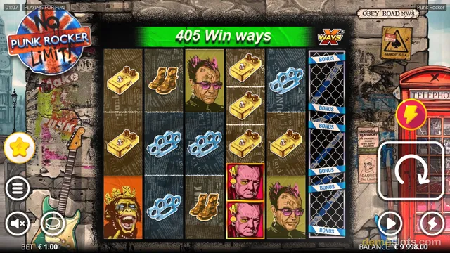 A 5-reel slot game titled Punk Rocker displays a grid with punk-themed symbols and a full set of blue BONUS symbols in the rightmost column.