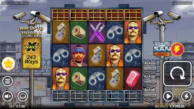 A fully rendered slot game grid with prison-themed symbols set against a background of guard towers and barbed wire.