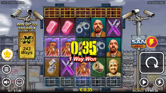 A fully rendered 5x4 slot game screen themed around a prison setting, displaying a win of 0.35 from 1 way in the San Quentin xWays game.