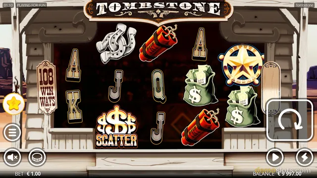 A screenshot of the Tombstone slot game displaying a 5x3 grid of symbols including horseshoes, dynamite, and a sheriff badge within a wooden frame.