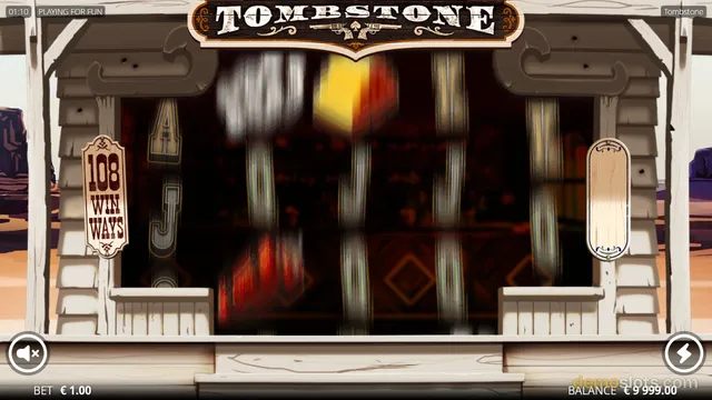 A western-themed slot game titled Tombstone displays a 5x3 grid of blurred, spinning reels framed by a white wooden building structure.