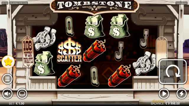 A fully rendered grid of symbols from a western-themed slot game titled Tombstone, showing a settled base game layout.