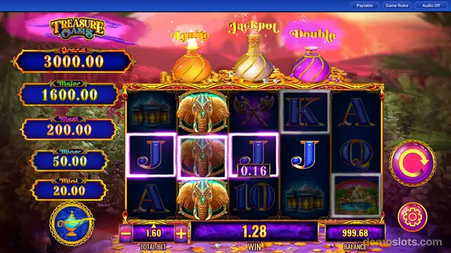 A brightly rendered 5x3 slot game screen titled Treasure Oasis showing a settled spin result with a win of 1.28 and a balance of 999.68.