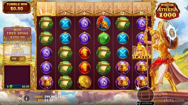A 5-reel slot game titled Wisdom of Athena 1000 shows a tumble win of $0.50 with a grid of Greek-themed symbols including scrolls, shields, helmets, and vases, with a golden Athena character standing to the right of the reels.
