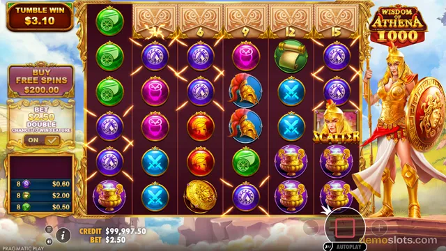 A slot game grid filled with various ancient Greek-themed symbols, with a Tumble Win banner showing $3.10, and a large Athena statue standing to the right of the reels.
