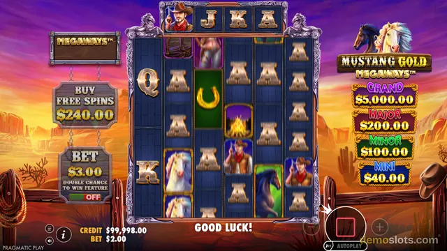 A western-themed slot machine grid displays multiple symbols including a cowboy, horses, and letter tiles against a sunset background with jackpot information on the right.