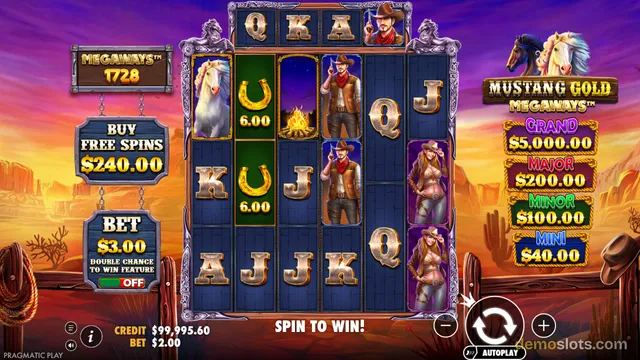 A screenshot of the Mustang Gold Megaways slot game featuring a western theme with a 6-reel grid set against a sunset desert background.