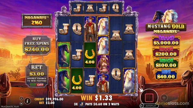 A slot game interface displaying a 5-reel grid with western-themed symbols, set against a sunset background with a 'Mustang Gold Megaways' logo on the right.