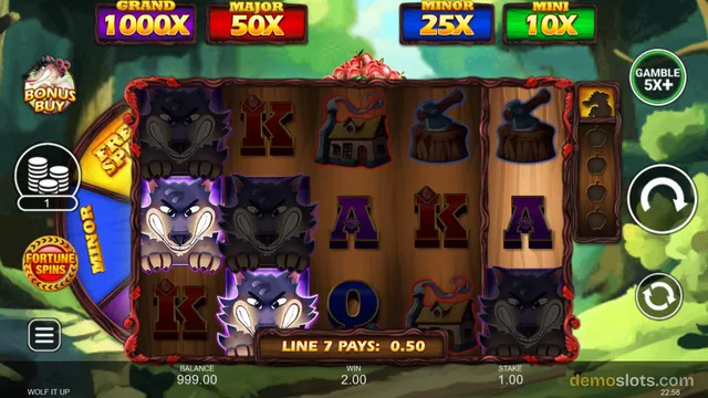 A 5x3 slot game titled Wolf It Up displays a settled reel grid with wolf symbols and letter icons, with jackpot banners and a win line message at the bottom.