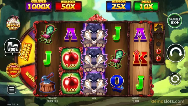 A slot game grid showing a wolf-themed reel set with a stacked wolf symbol in the center column, apples with 1.00 values on the left, and jackpot values displayed above.