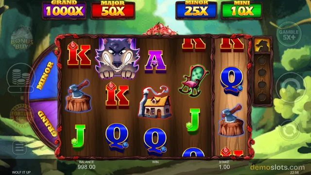 A 5-reel slot game grid showing wolf, axe, house, chair, and card symbols against a forest backdrop, with jackpot values displayed above.
