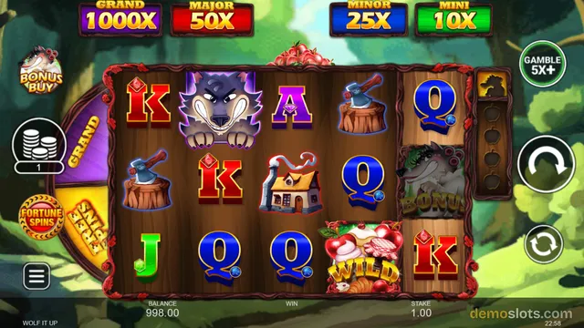 A 5x3 slot game grid showing wolf, axe, house, and letter symbols with jackpot values displayed above.