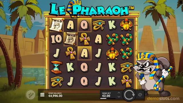 A 5x5 slot grid titled Le Pharaoh shows Egyptian-themed symbols with a cartoon cat mascot standing to the right.