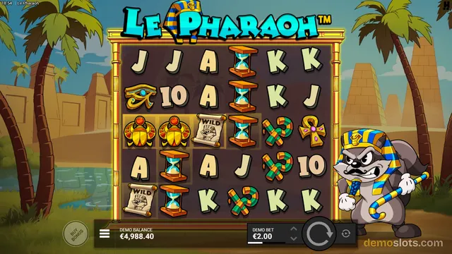 A 5x5 grid of Egyptian-themed slot symbols is fully rendered and settled, with the game title Le Pharaoh at the top and a cartoon pharaoh cat mascot standing to the right of the reels.