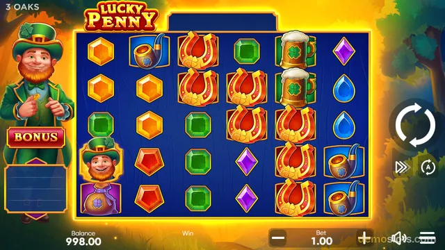 A slot game titled Lucky Penny displays a 5-column grid of Irish-themed symbols including horseshoes, gems, and beer mugs, with a leprechaun character on the left side.