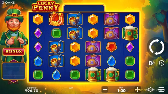 A 5x5 slot game grid titled Lucky Penny shows a leprechaun character on the left with a BONUS button, and various Irish-themed symbols on a blue background.