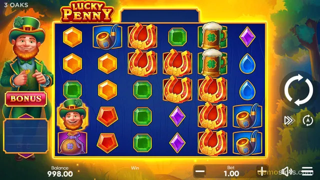 A bright, fully rendered slot game titled Lucky Penny shows a 6x5 grid of Irish-themed symbols with a leprechaun character on the left and a round spin button on the right.