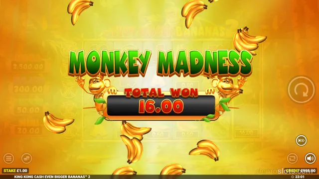 A bright golden slot game frame showing a large 'MONKEY MADNESS' title with a 'TOTAL WON 16.00' banner, surrounded by bananas and monkeys, with a faint reel grid visible behind it.