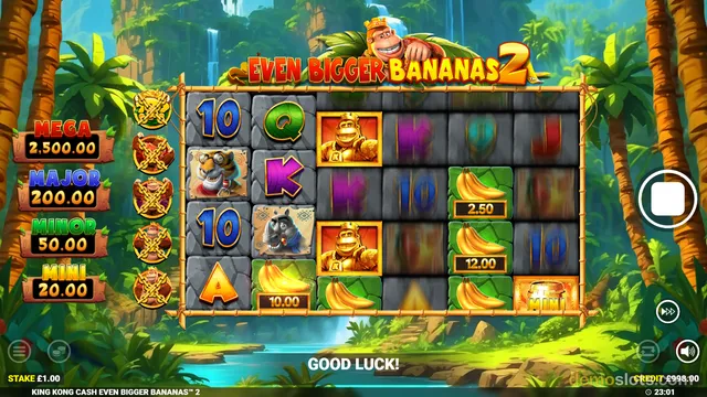 Screenshot of the slot game KING KONG CASH EVEN BIGGER BANANAS 2 showing a 6x4 reel grid with jungle-themed symbols and a 'GOOD LUCK!' message at the bottom.