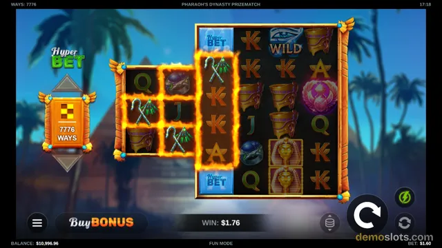 A Pharaoh's Dynasty slot machine game displays a 5x3 grid of symbols with glowing highlights and a 'Hyper BET' label on the left.
