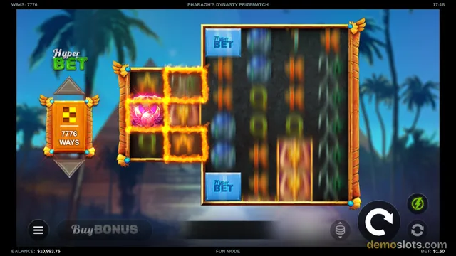 A slot game screen titled Pharaoh's Dynasty Prizematch showing a 5x3 grid with spinning reels and a glowing 2x2 overlay on the left side.