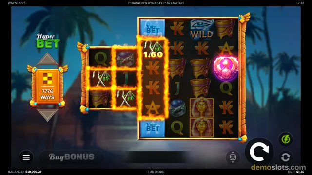 A screenshot of the Pharaoh's Dynasty Prizematch slot game showing a 5x4 grid with an active winning combination highlighted in orange fire effects.