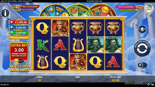 A slot game grid shows five reels with Greek mythology symbols, framed by jackpot meters and a bet panel.