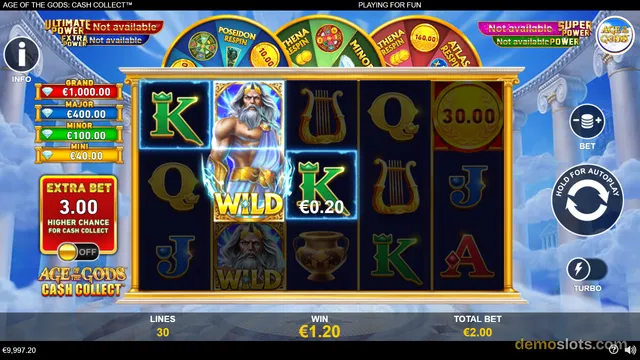 A 5x3 slot game grid with Greek mythology symbols, showing a winning line of three wild Zeus symbols with a €0.20 payout.