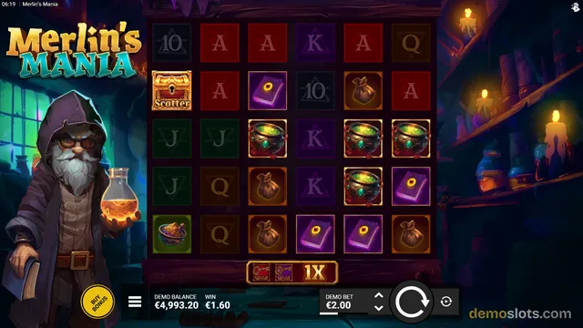 A 5x5 grid slot game titled Merlin's Mania displays a settled spin with various magic-themed symbols, including a wizard character on the left side and a laboratory setting in the background.