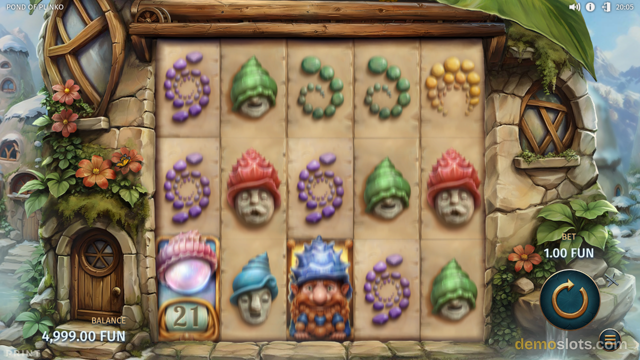 Base game displaying 6x5 grid with gnome symbols and ornamental stone bead arrangements
