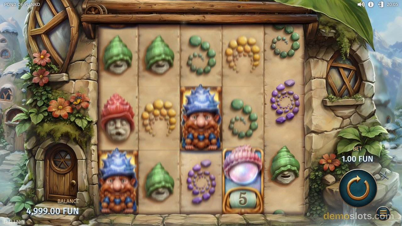 Base game with 6x5 reel grid featuring gnome characters with varied expressions and circular bead symbols