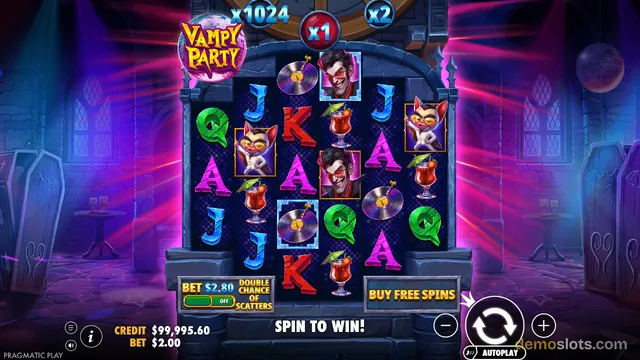 A screenshot of the slot game 'Vampy Party' showing a 5x4 grid of symbols in a gothic club setting with neon lighting.