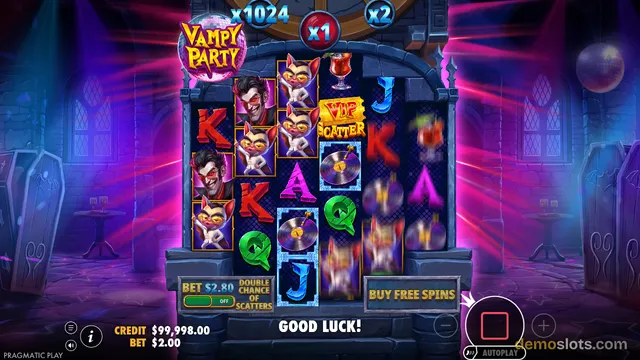 A slot game screen titled 'Vampy Party' shows a grid of symbols including vampires, cats, and vinyl records against a dark, neon-lit castle background with purple laser beams.
