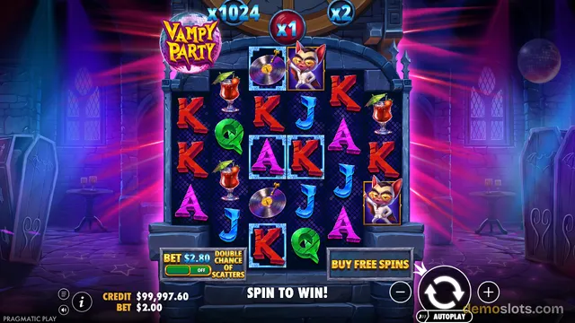 A 5x4 grid slot game screen displaying a vampire-themed party with disco balls and neon lights, featuring a 'VAMPY PARTY' logo and multiplier indicators at the top.