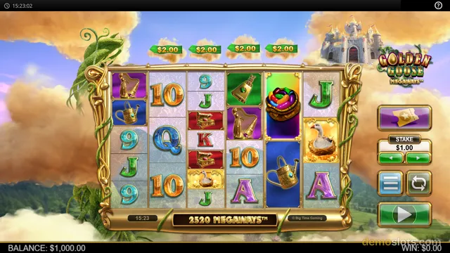 A brightly rendered slot game screen featuring a 6x5 grid of symbols set against a backdrop of a castle in the clouds.