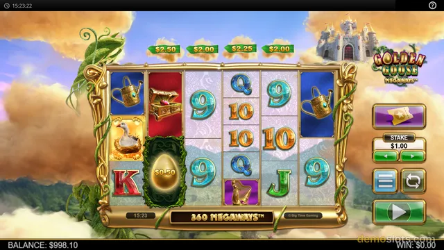 A screenshot of the Golden Goose Megaways slot game showing a 5-reel grid with fairy-tale themed symbols and a castle background.